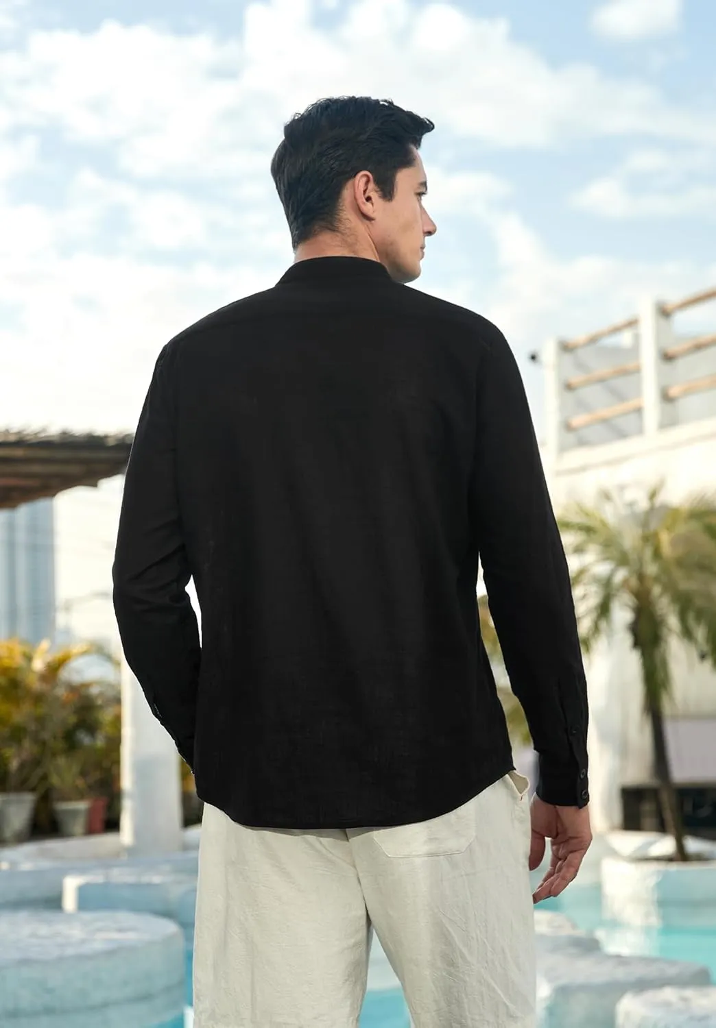 Enlision Mens Cotton Linen Henley Shirts Long Sleeve Casual Shirt Summer Beach Hippie T-Shirt Band Collar Shirt & Pocket