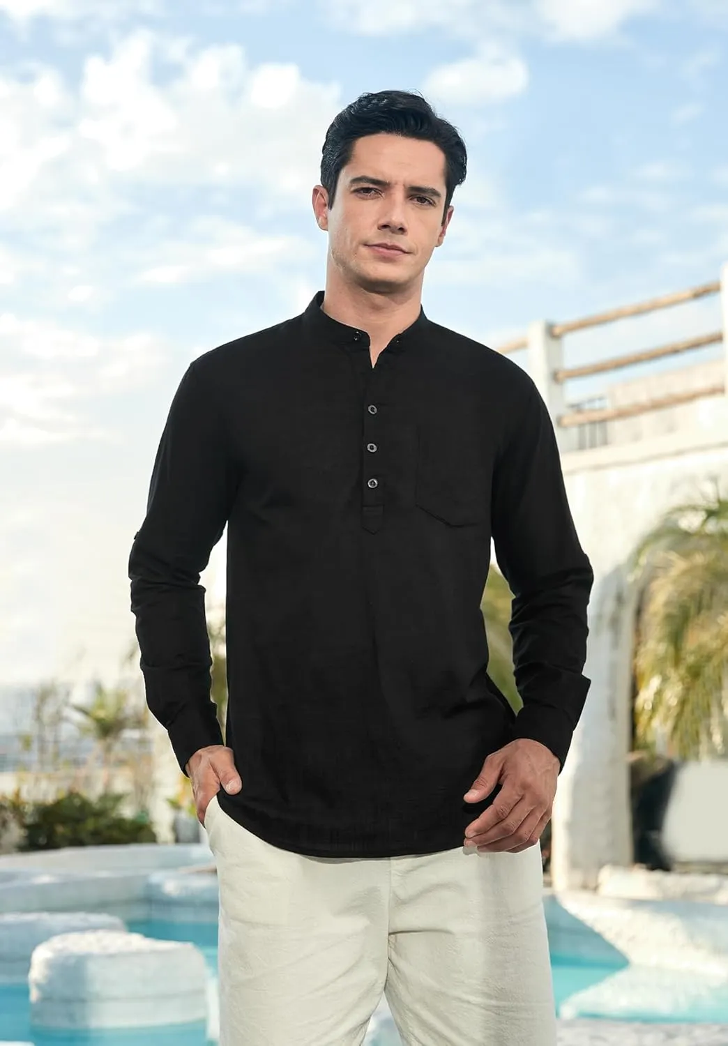 Enlision Mens Cotton Linen Henley Shirts Long Sleeve Casual Shirt Summer Beach Hippie T-Shirt Band Collar Shirt & Pocket