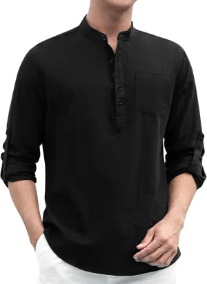 Enlision Mens Cotton Linen Henley Shirts Long Sleeve Casual Shirt Summer Beach Hippie T-Shirt Band Collar Shirt & Pocket