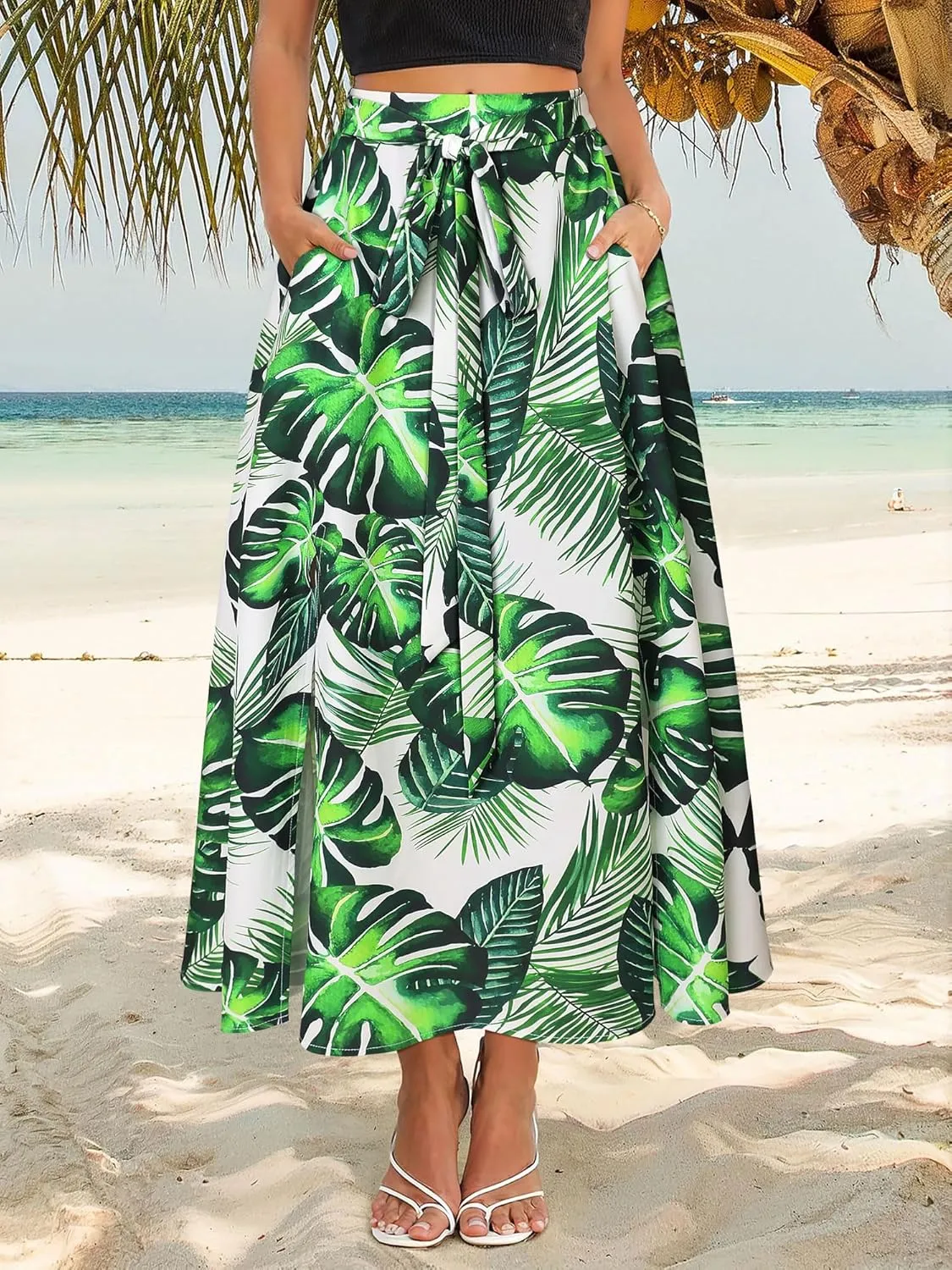 Ezcosplay Women Maxi Hawaiian Floral Slit Skirt High Elastic Waisted Split Thigh Long Skirts with Pockets