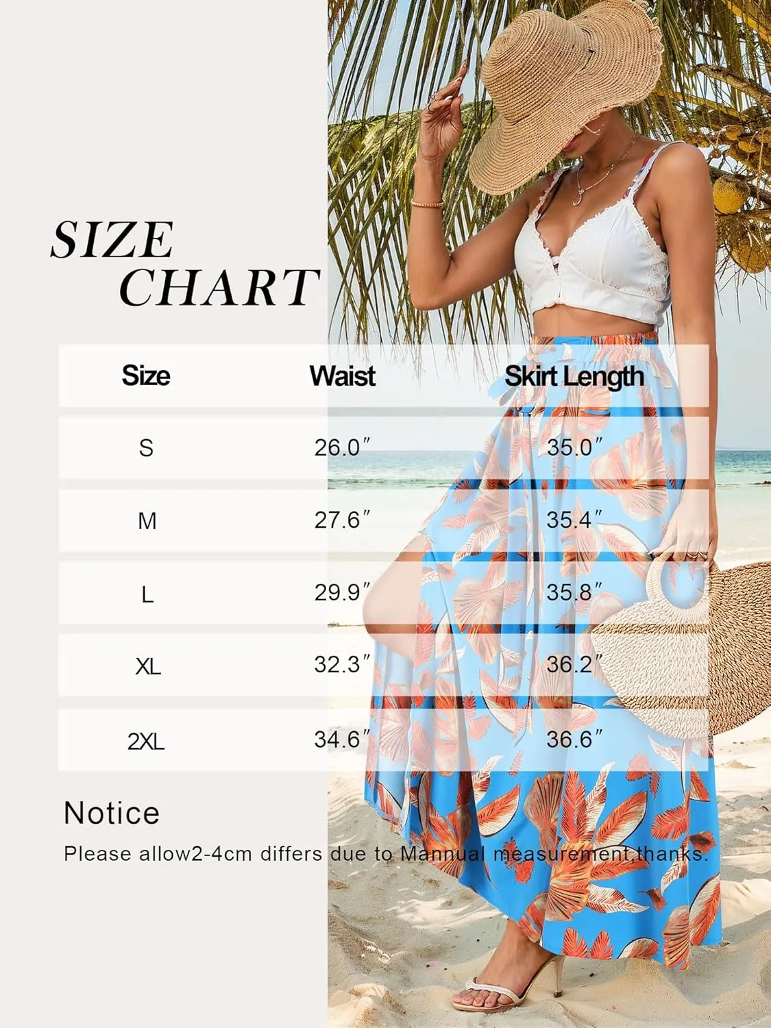Ezcosplay Women Maxi Hawaiian Floral Slit Skirt High Elastic Waisted Split Thigh Long Skirts with Pockets