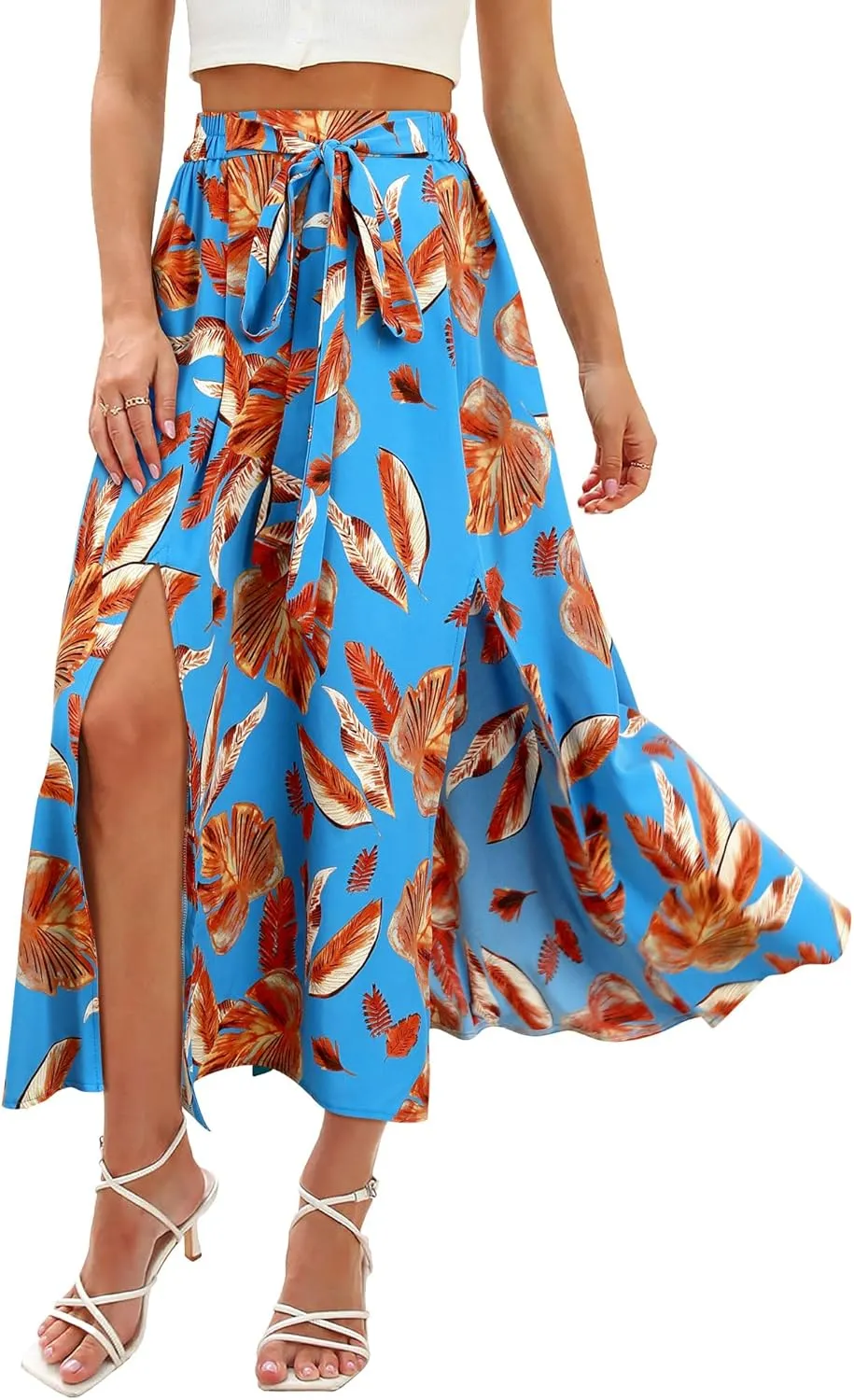 Ezcosplay Women Maxi Hawaiian Floral Slit Skirt High Elastic Waisted Split Thigh Long Skirts with Pockets