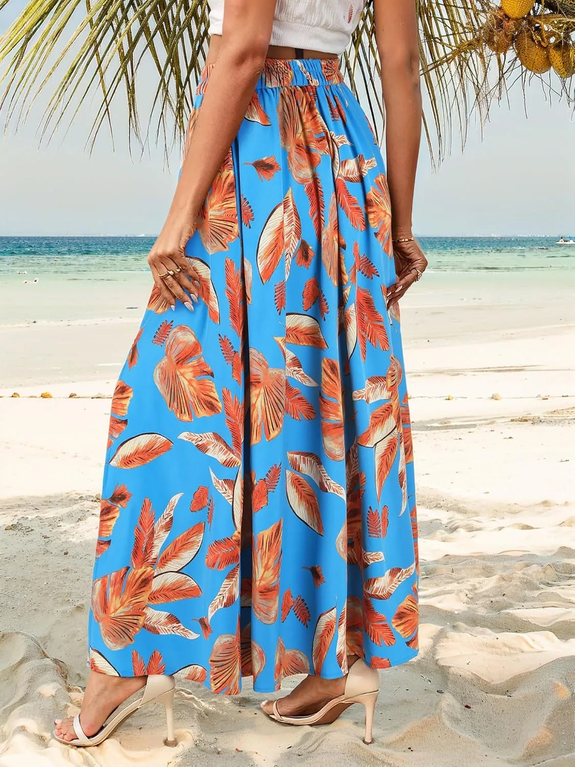 Ezcosplay Women Maxi Hawaiian Floral Slit Skirt High Elastic Waisted Split Thigh Long Skirts with Pockets