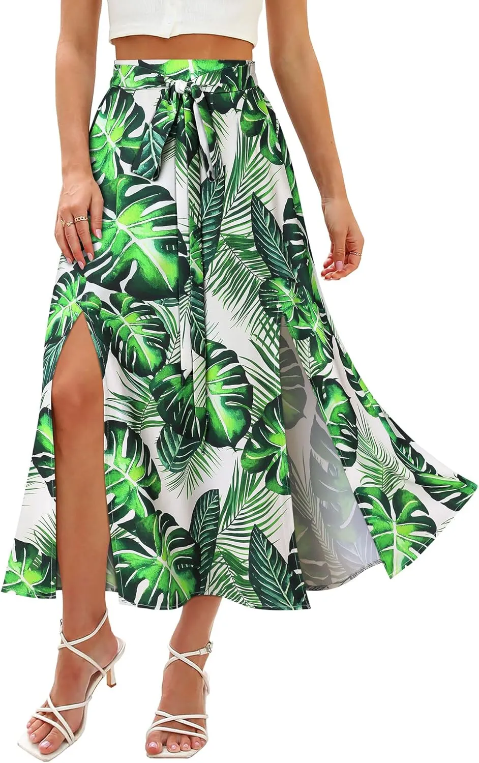 Ezcosplay Women Maxi Hawaiian Floral Slit Skirt High Elastic Waisted Split Thigh Long Skirts with Pockets