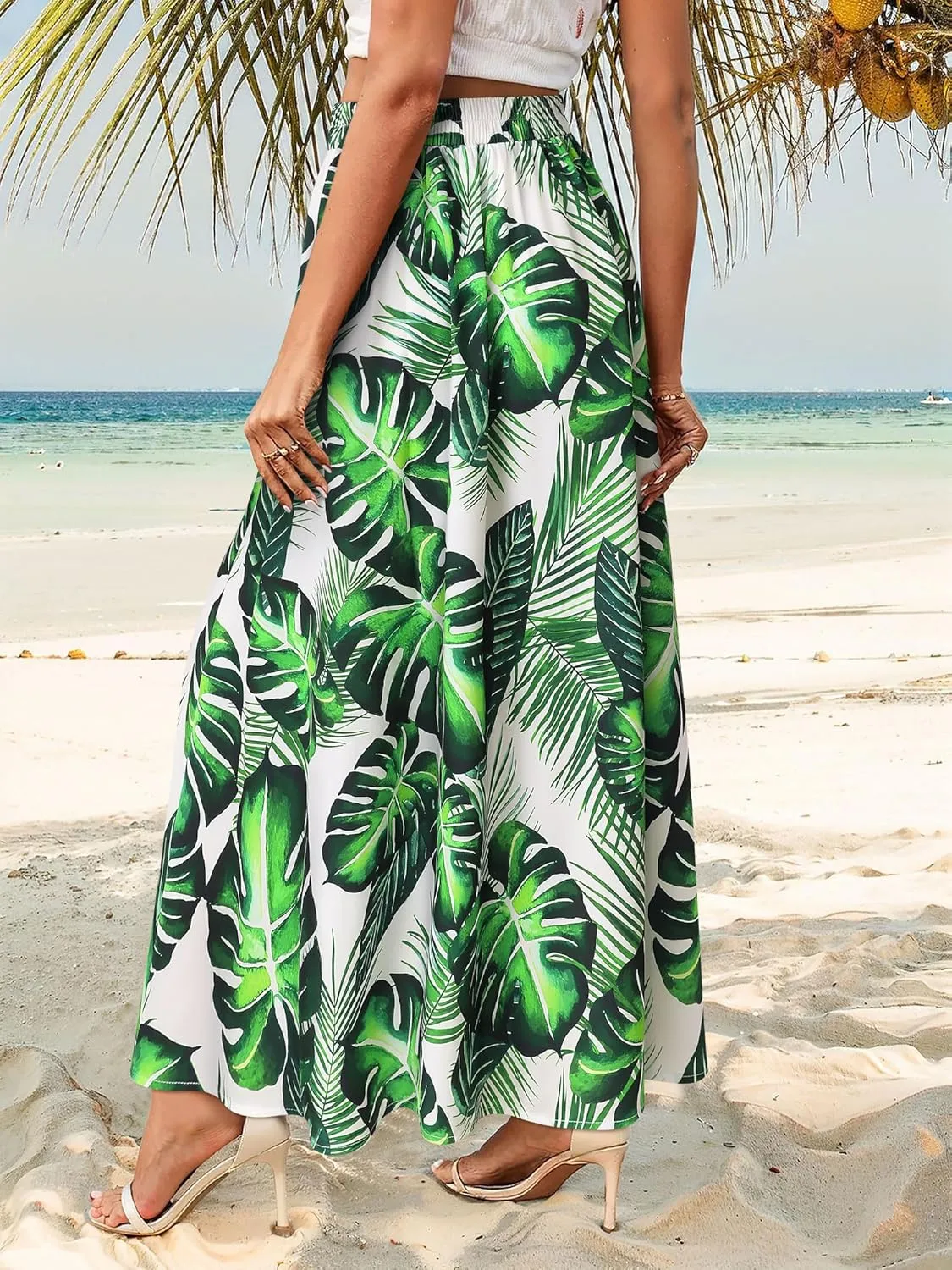 Ezcosplay Women Maxi Hawaiian Floral Slit Skirt High Elastic Waisted Split Thigh Long Skirts with Pockets