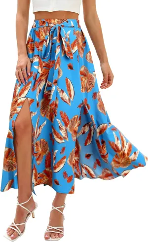 Ezcosplay Women Maxi Hawaiian Floral Slit Skirt High Elastic Waisted Split Thigh Long Skirts with Pockets