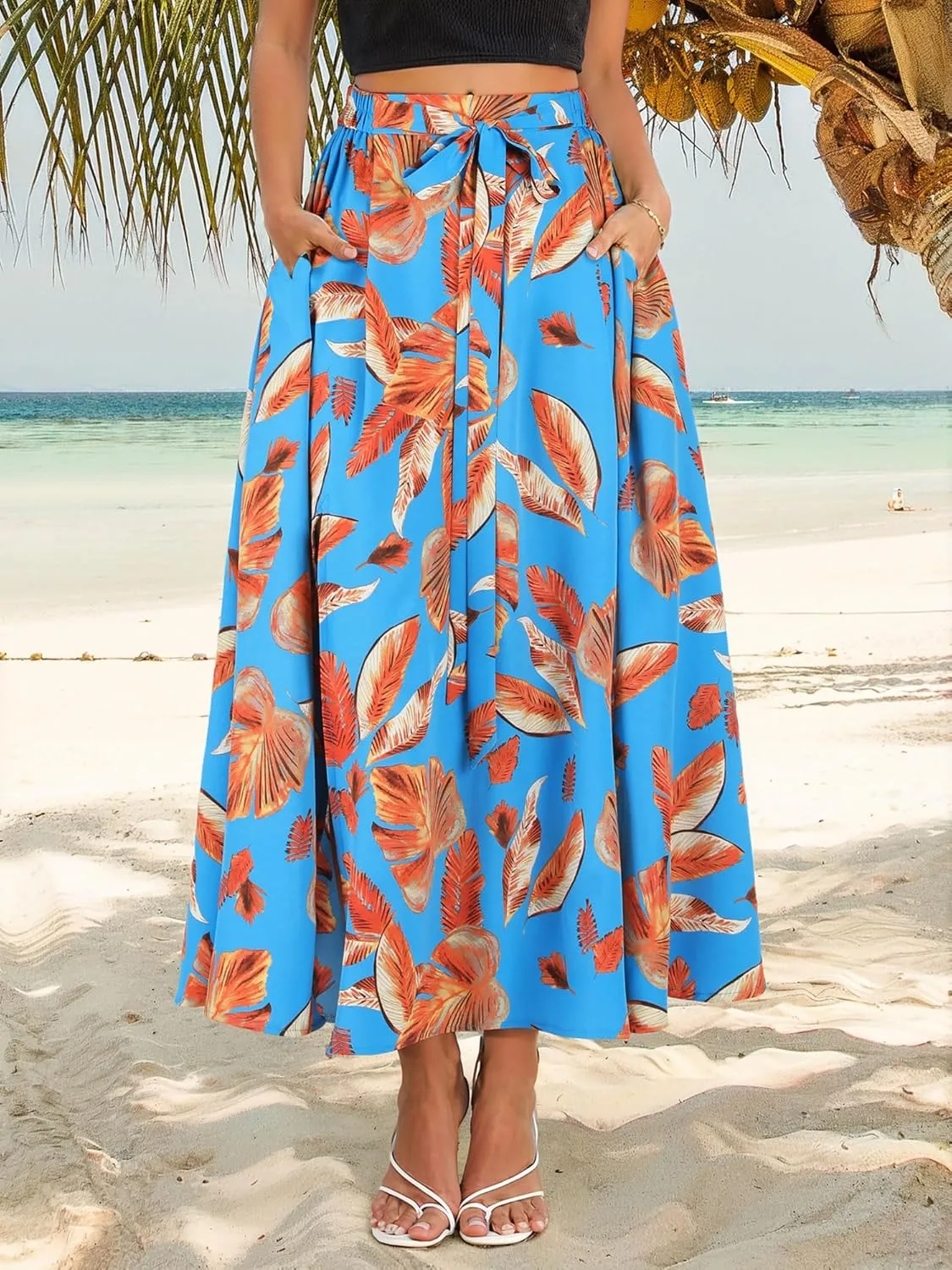 Ezcosplay Women Maxi Hawaiian Floral Slit Skirt High Elastic Waisted Split Thigh Long Skirts with Pockets