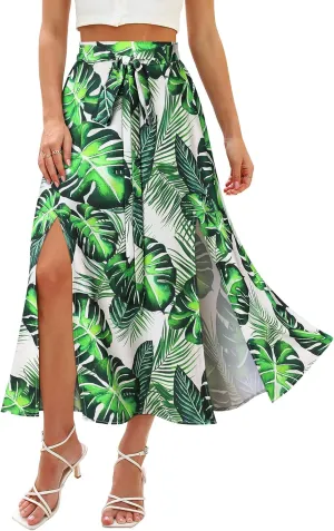 Ezcosplay Women Maxi Hawaiian Floral Slit Skirt High Elastic Waisted Split Thigh Long Skirts with Pockets