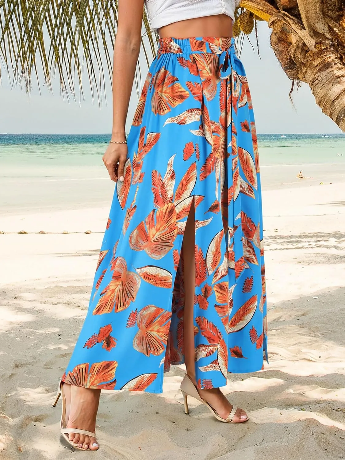 Ezcosplay Women Maxi Hawaiian Floral Slit Skirt High Elastic Waisted Split Thigh Long Skirts with Pockets