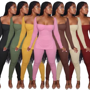 Fashion long-sleeved high-slit pit strip suit（AY1496）