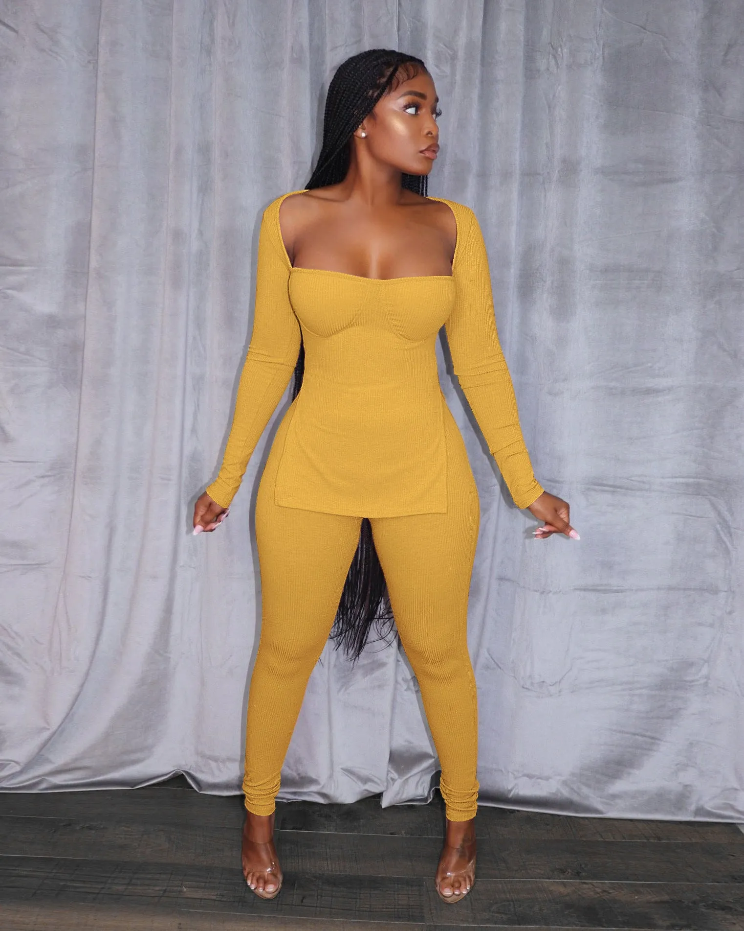 Fashion long-sleeved high-slit pit strip suit（AY1496）