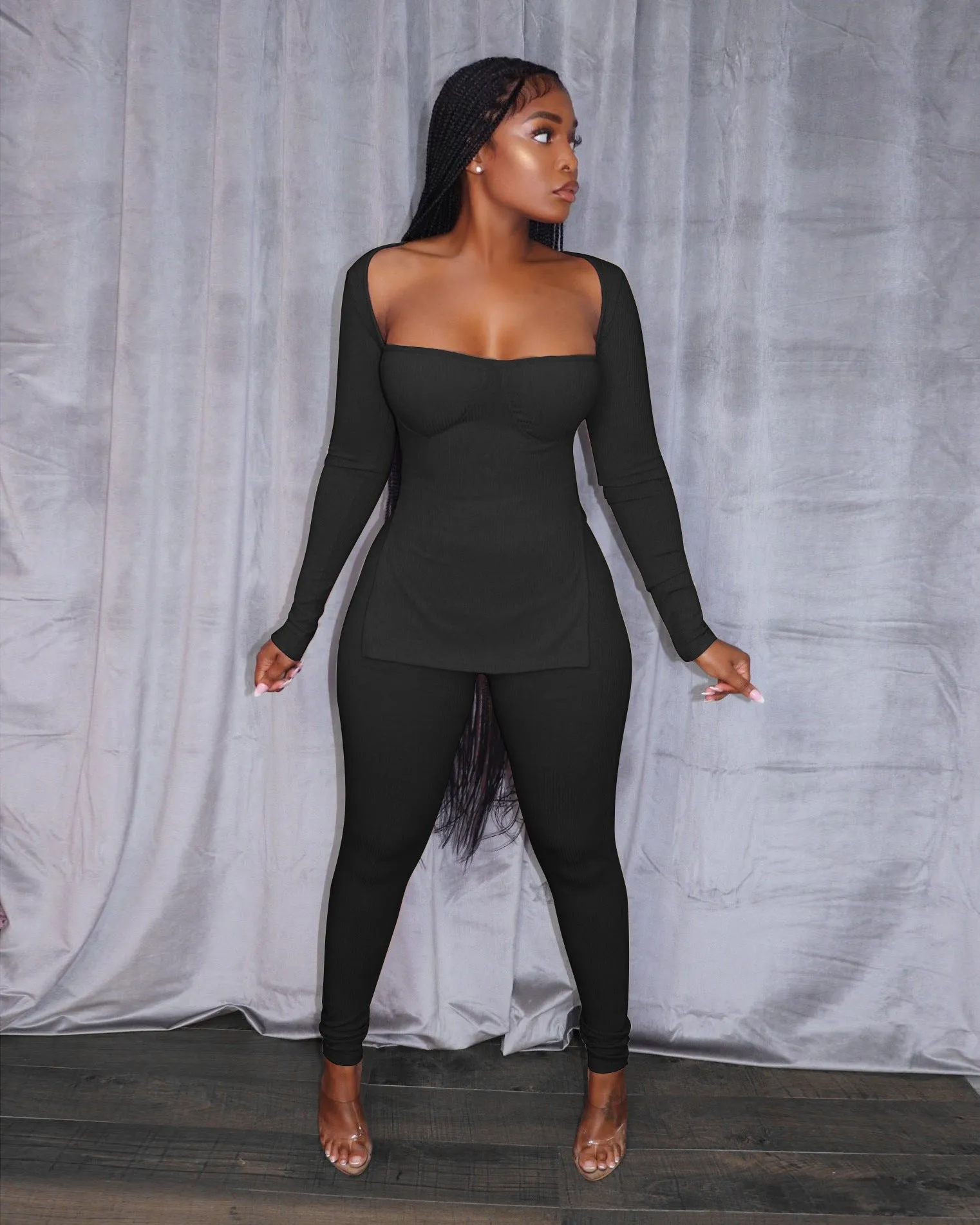 Fashion long-sleeved high-slit pit strip suit（AY1496）