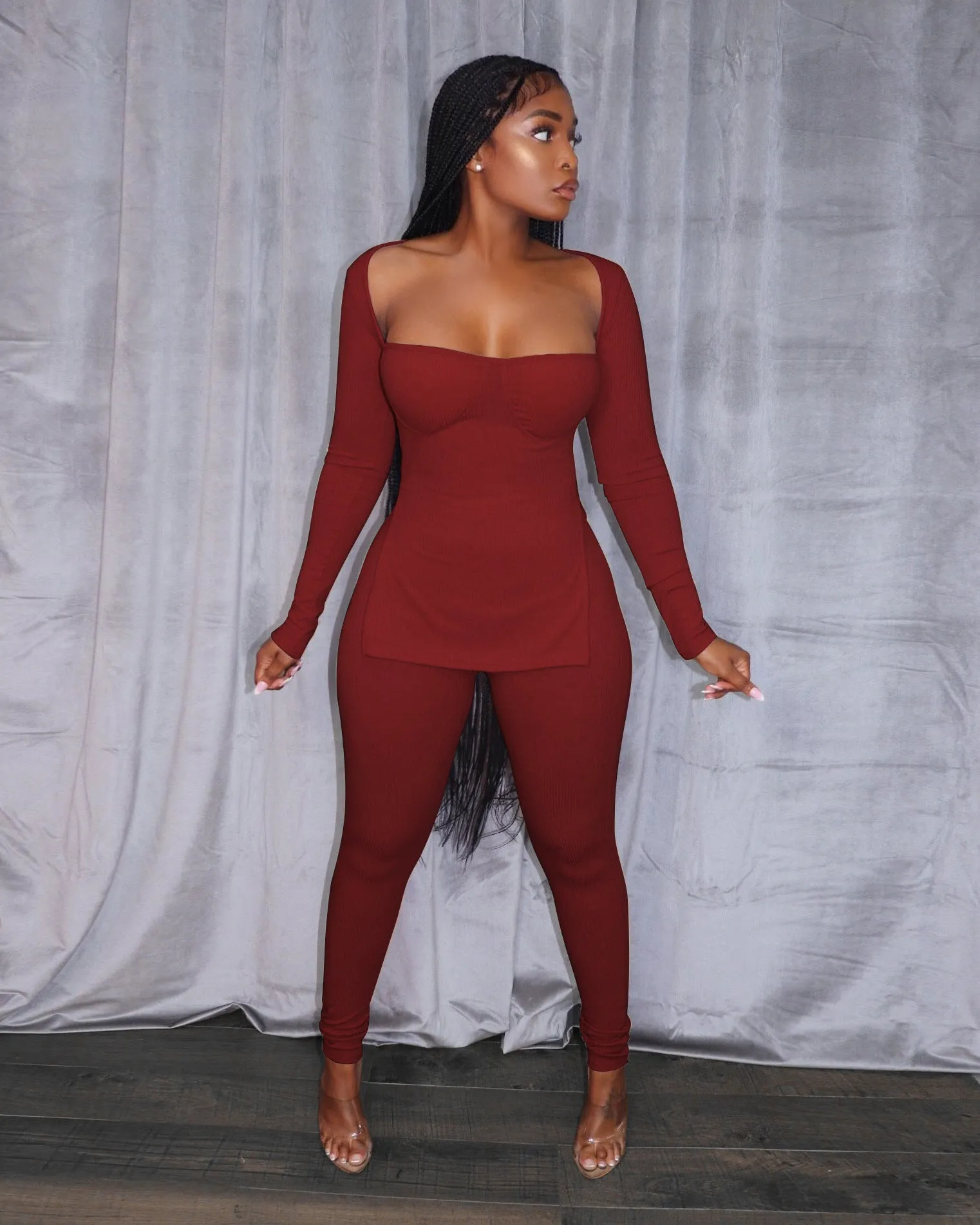 Fashion long-sleeved high-slit pit strip suit（AY1496）