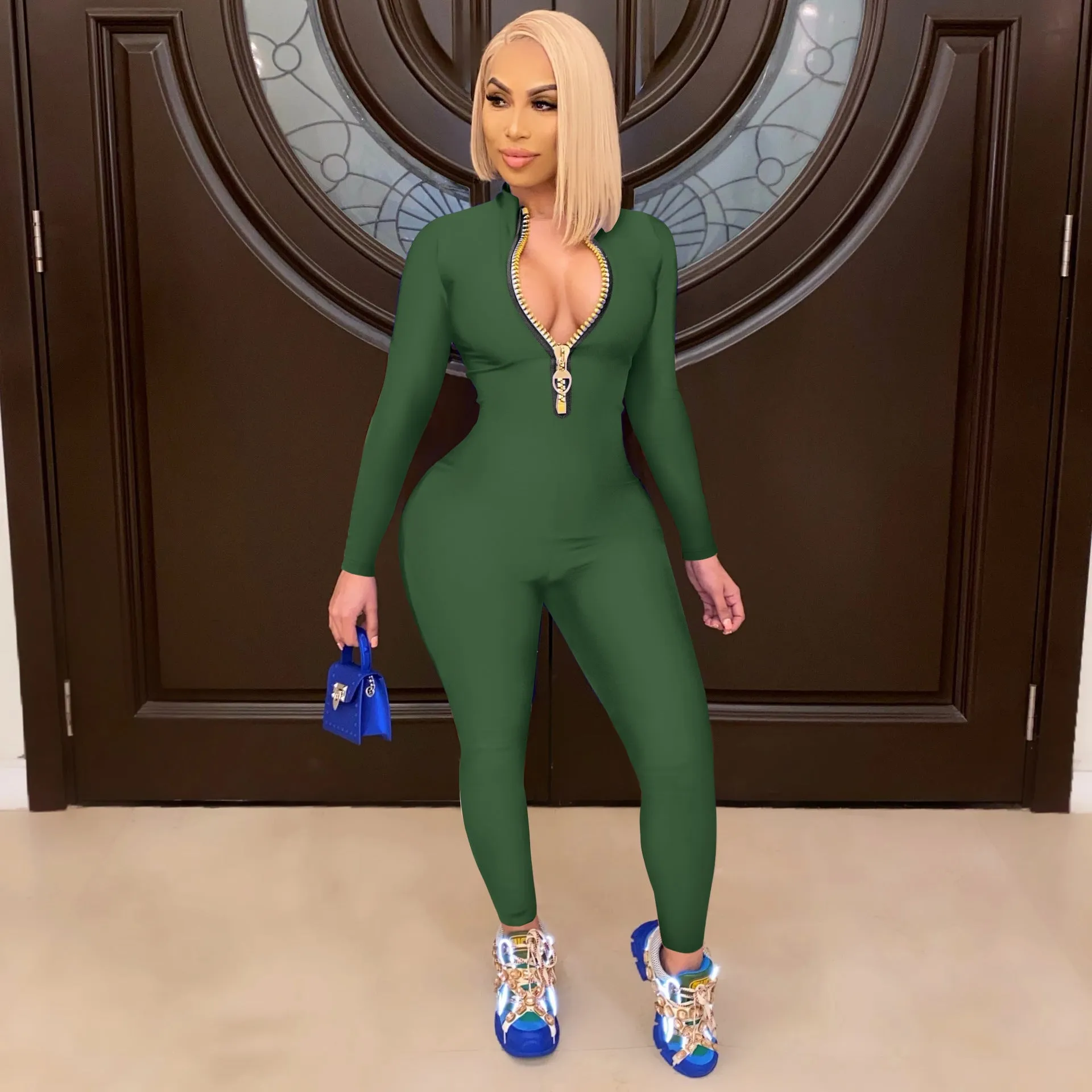 Fashion solid color zipper jumpsuit（AY1241)