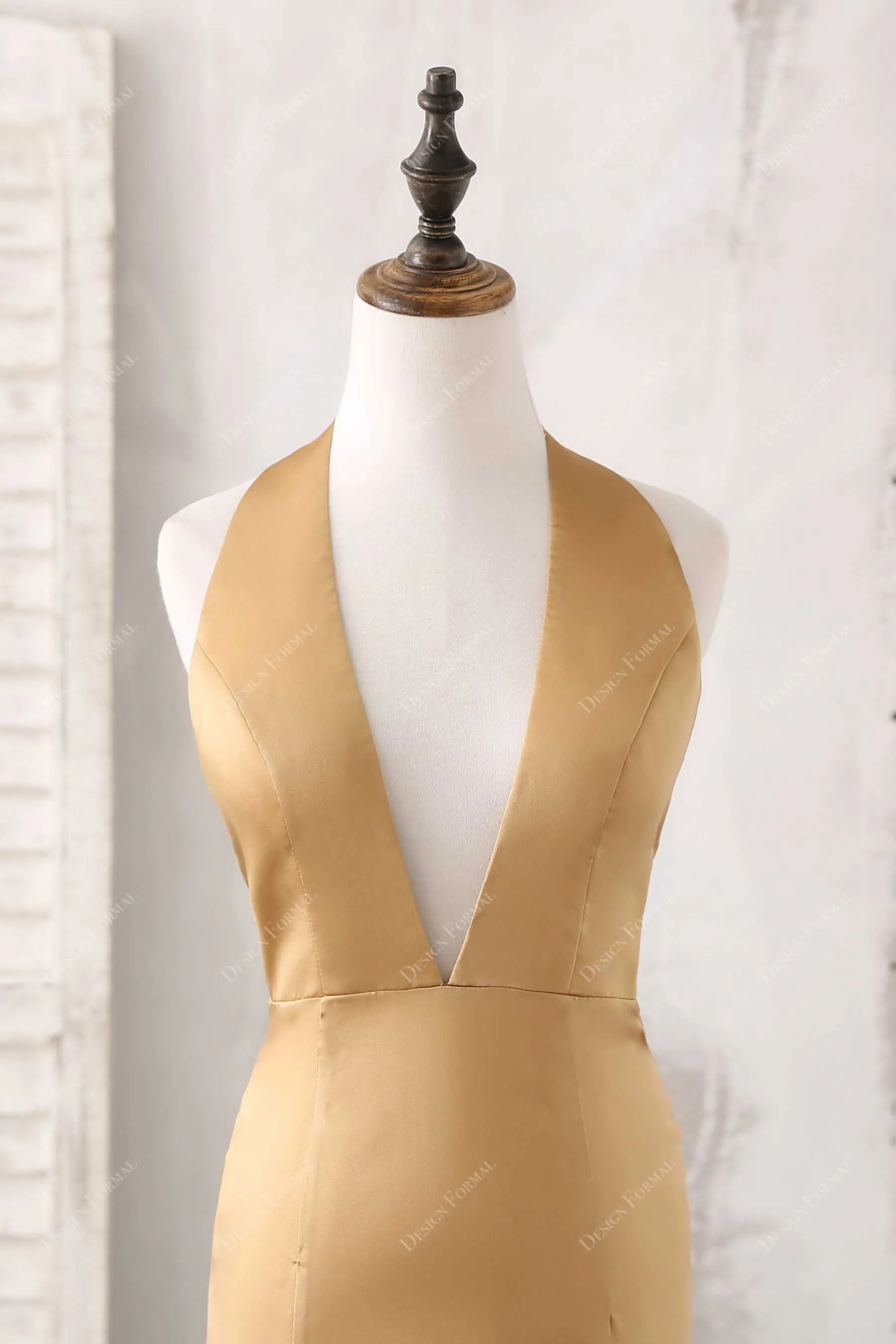 Gold Halter Neck Sexy Plunging Open Back Simple Formal Dress