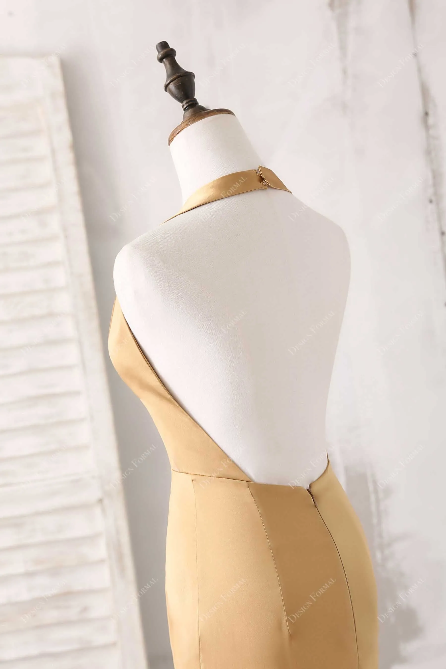 Gold Halter Neck Sexy Plunging Open Back Simple Formal Dress