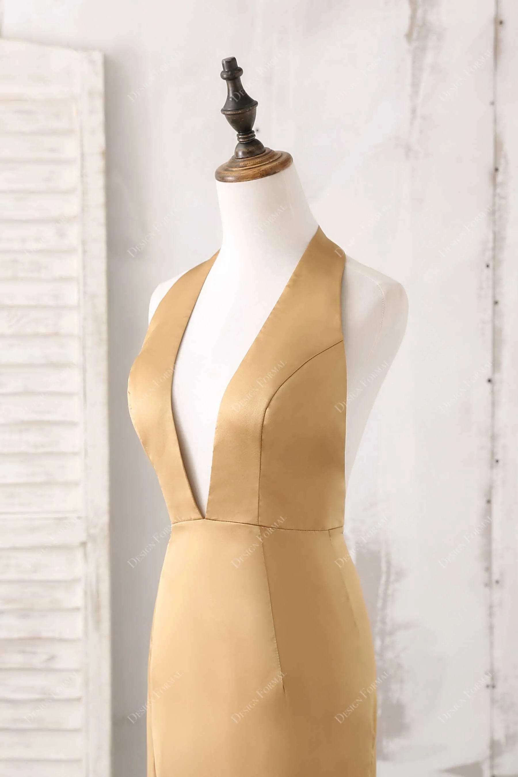Gold Halter Neck Sexy Plunging Open Back Simple Formal Dress