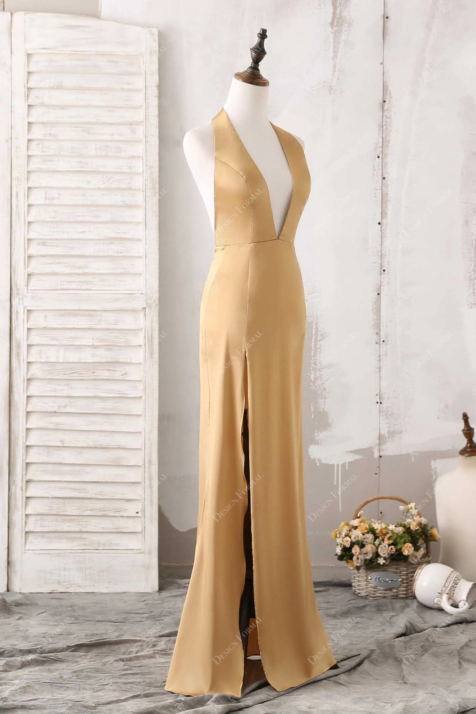 Gold Halter Neck Sexy Plunging Open Back Simple Formal Dress