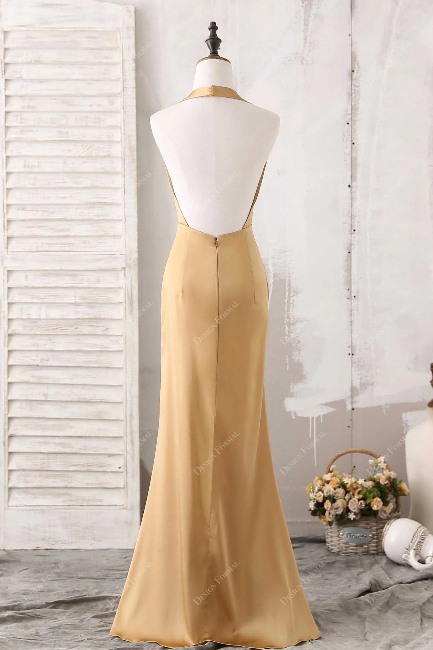Gold Halter Neck Sexy Plunging Open Back Simple Formal Dress
