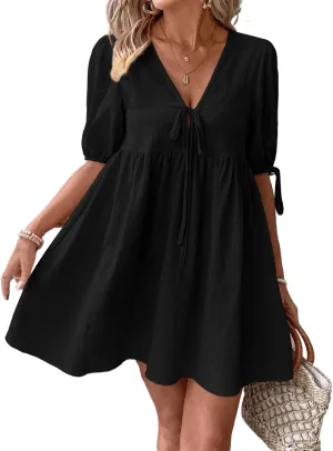 IDEALSANXUN Linen Dresses for Women 2025 Spring Summer Beach Tie Front V Neck Short Sleeve A Line Flowy Mini Sundress