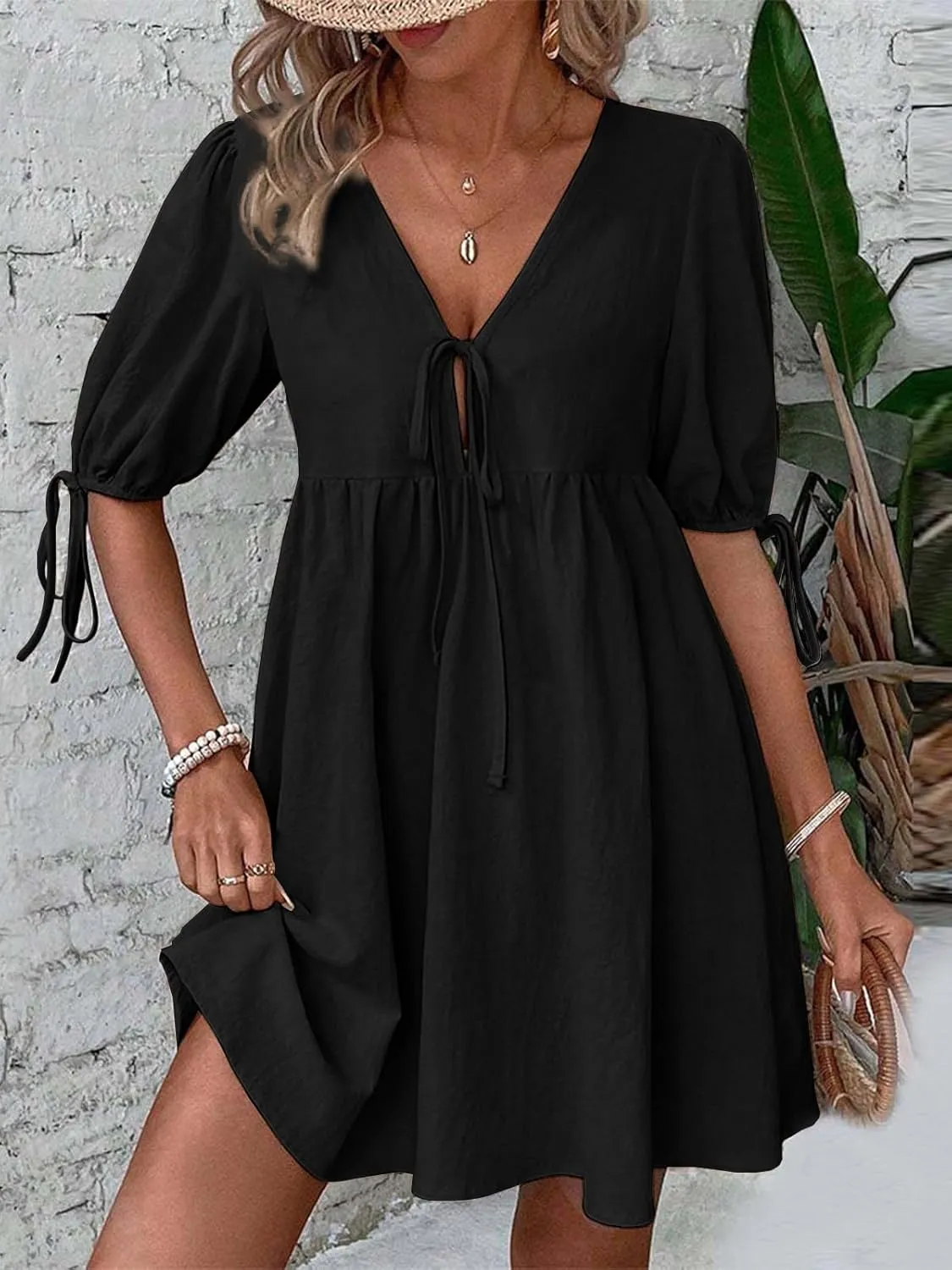IDEALSANXUN Linen Dresses for Women 2025 Spring Summer Beach Tie Front V Neck Short Sleeve A Line Flowy Mini Sundress