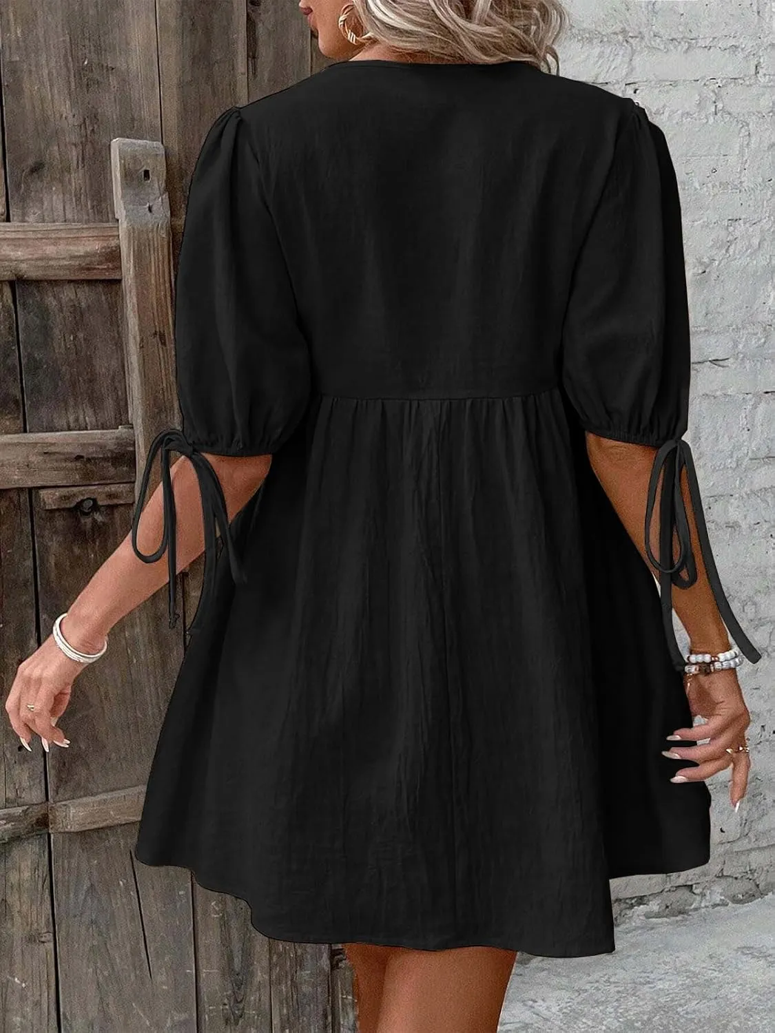 IDEALSANXUN Linen Dresses for Women 2025 Spring Summer Beach Tie Front V Neck Short Sleeve A Line Flowy Mini Sundress