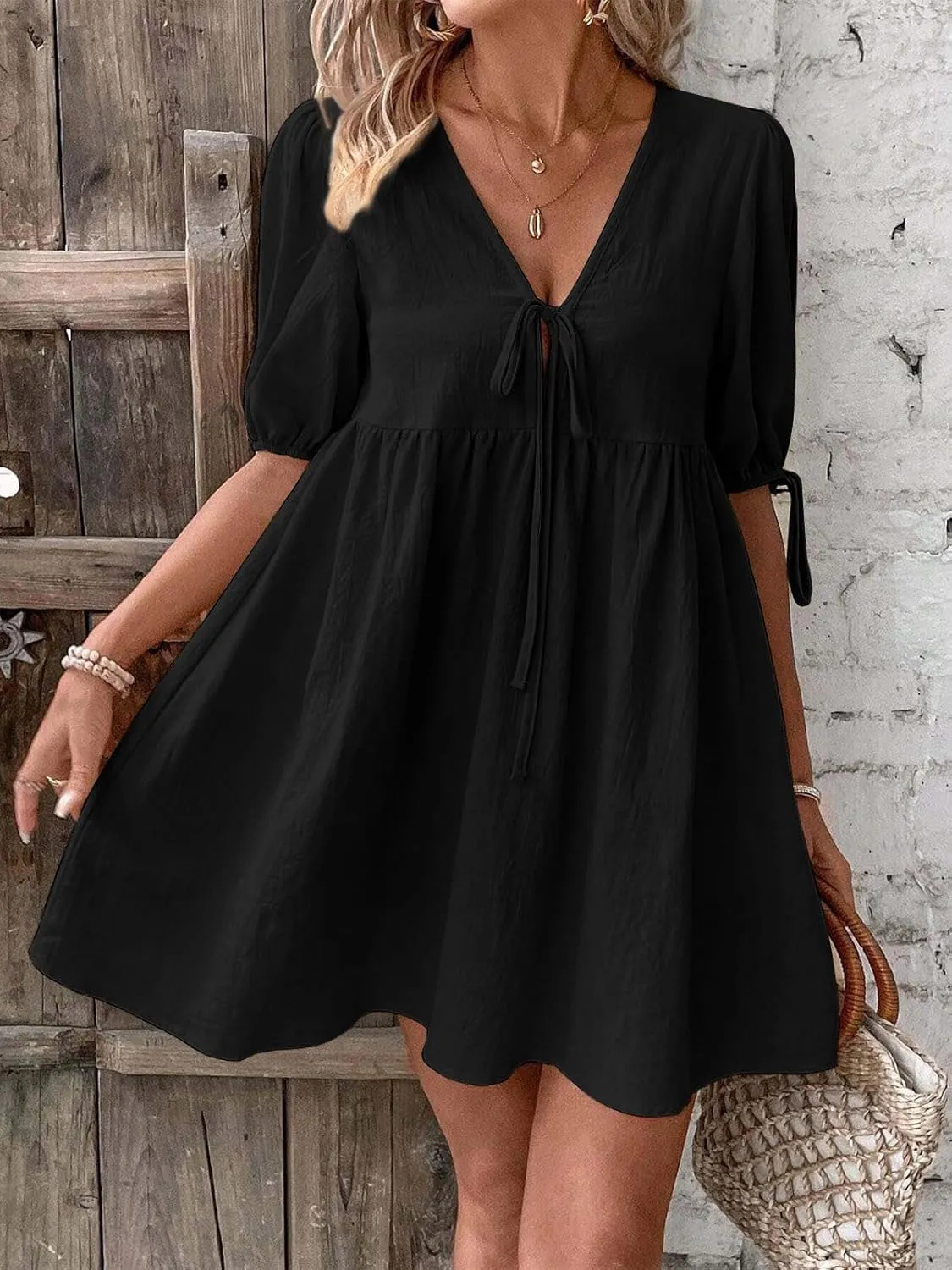 IDEALSANXUN Linen Dresses for Women 2025 Spring Summer Beach Tie Front V Neck Short Sleeve A Line Flowy Mini Sundress