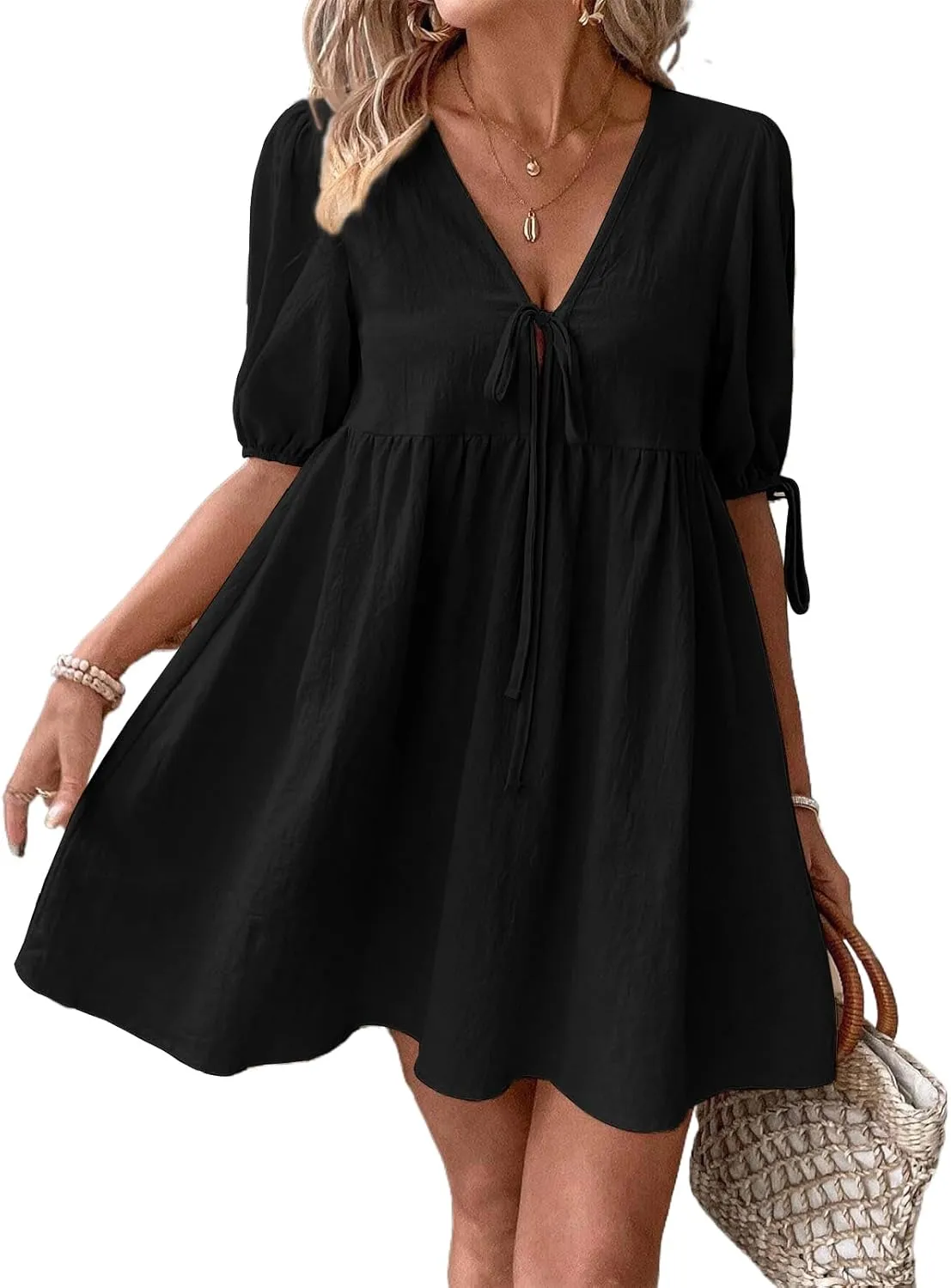 IDEALSANXUN Linen Dresses for Women 2025 Spring Summer Beach Tie Front V Neck Short Sleeve A Line Flowy Mini Sundress