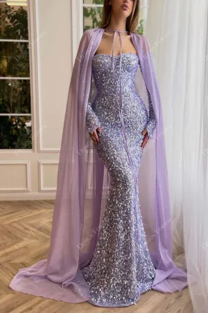 Lilac Sweetheart Off-shoulder Sparkly Mermaid Dress with Chiffon Cape