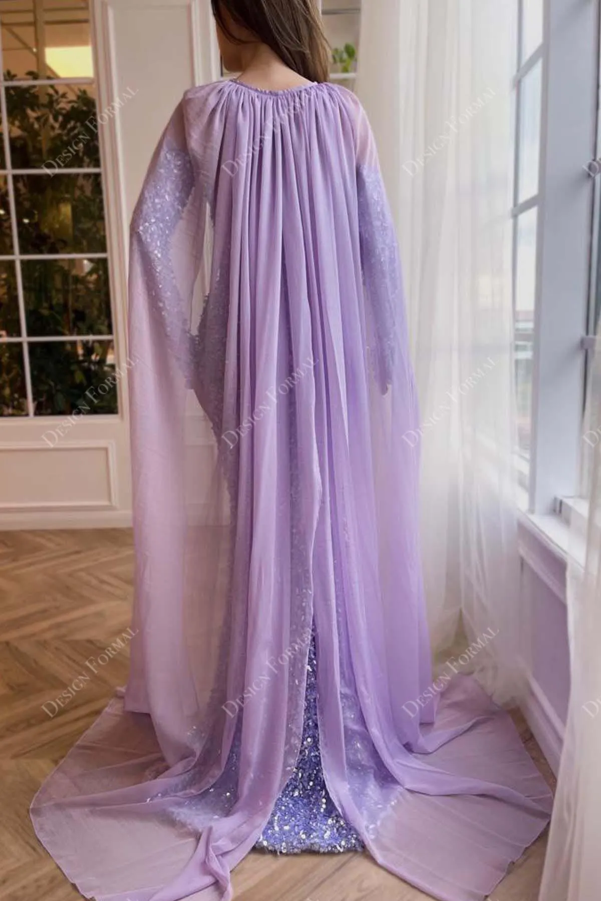 Lilac Sweetheart Off-shoulder Sparkly Mermaid Dress with Chiffon Cape