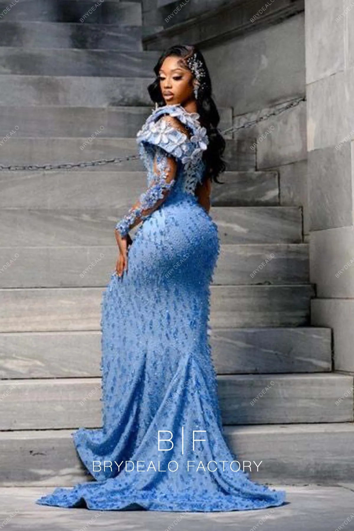 Luxury Allover Crystals Beading Ocean Blue Mermaid Prom Dress