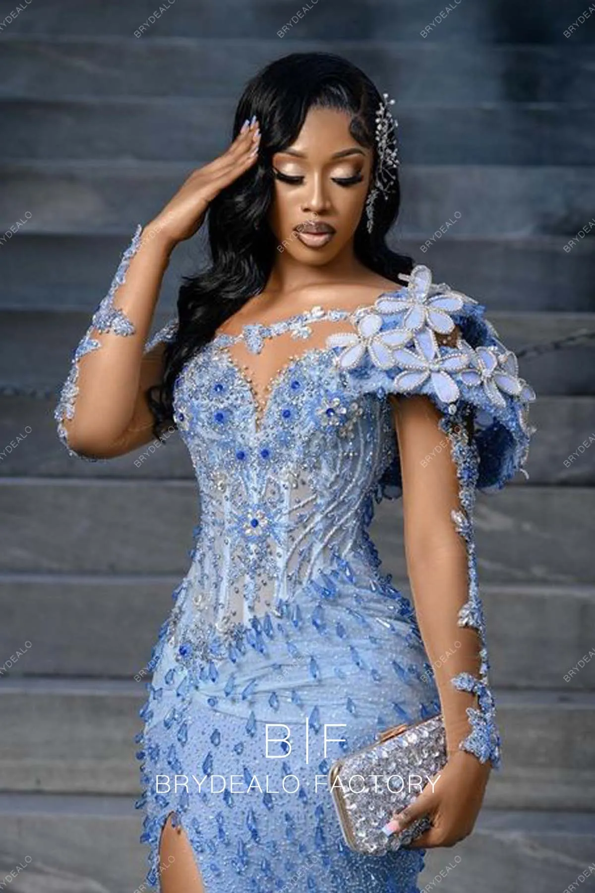 Luxury Allover Crystals Beading Ocean Blue Mermaid Prom Dress