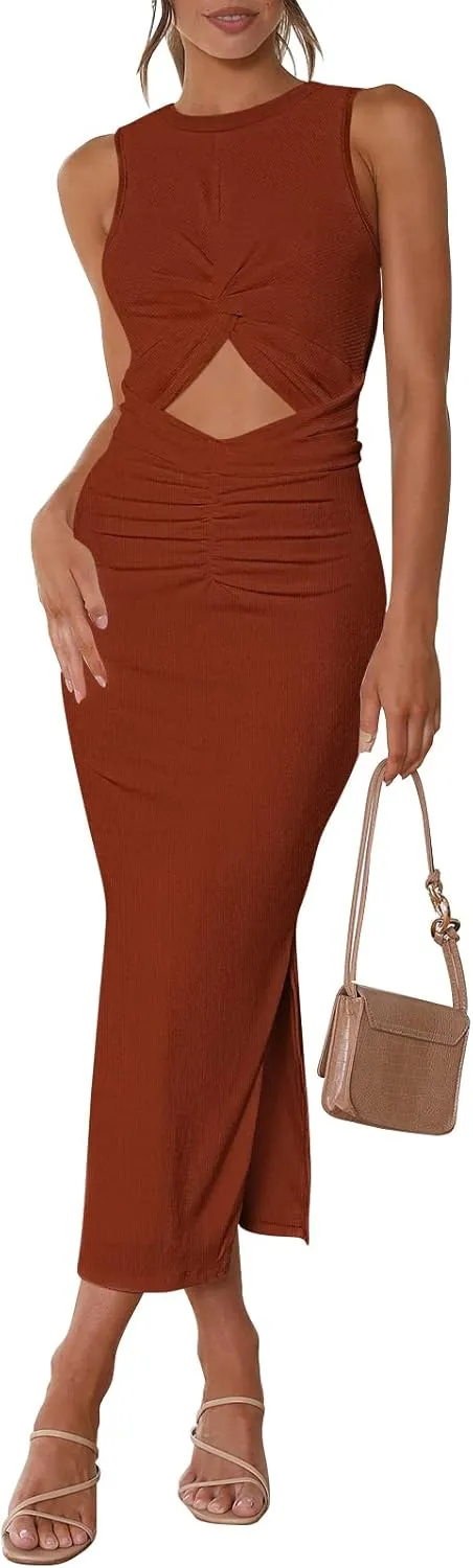 Meenew Women's Sleeveless Summer Long Bodycon Dress Twist Cutout Midi Sheath Dress Ruched Tie Back Tank Dress with Slit
