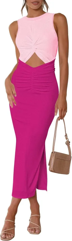 Meenew Women's Sleeveless Summer Long Bodycon Dress Twist Cutout Midi Sheath Dress Ruched Tie Back Tank Dress with Slit