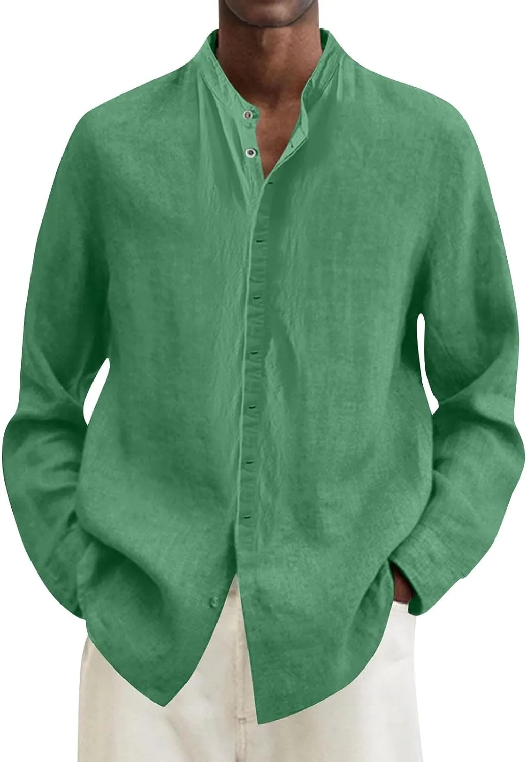 Mens Linen Shirt Long Sleeve Mandarin Collar Button Down Shirt Lightweight Breathable Beach Tops