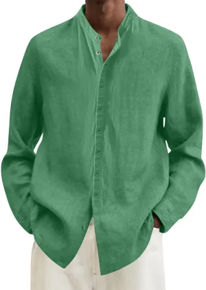 Mens Linen Shirt Long Sleeve Mandarin Collar Button Down Shirt Lightweight Breathable Beach Tops
