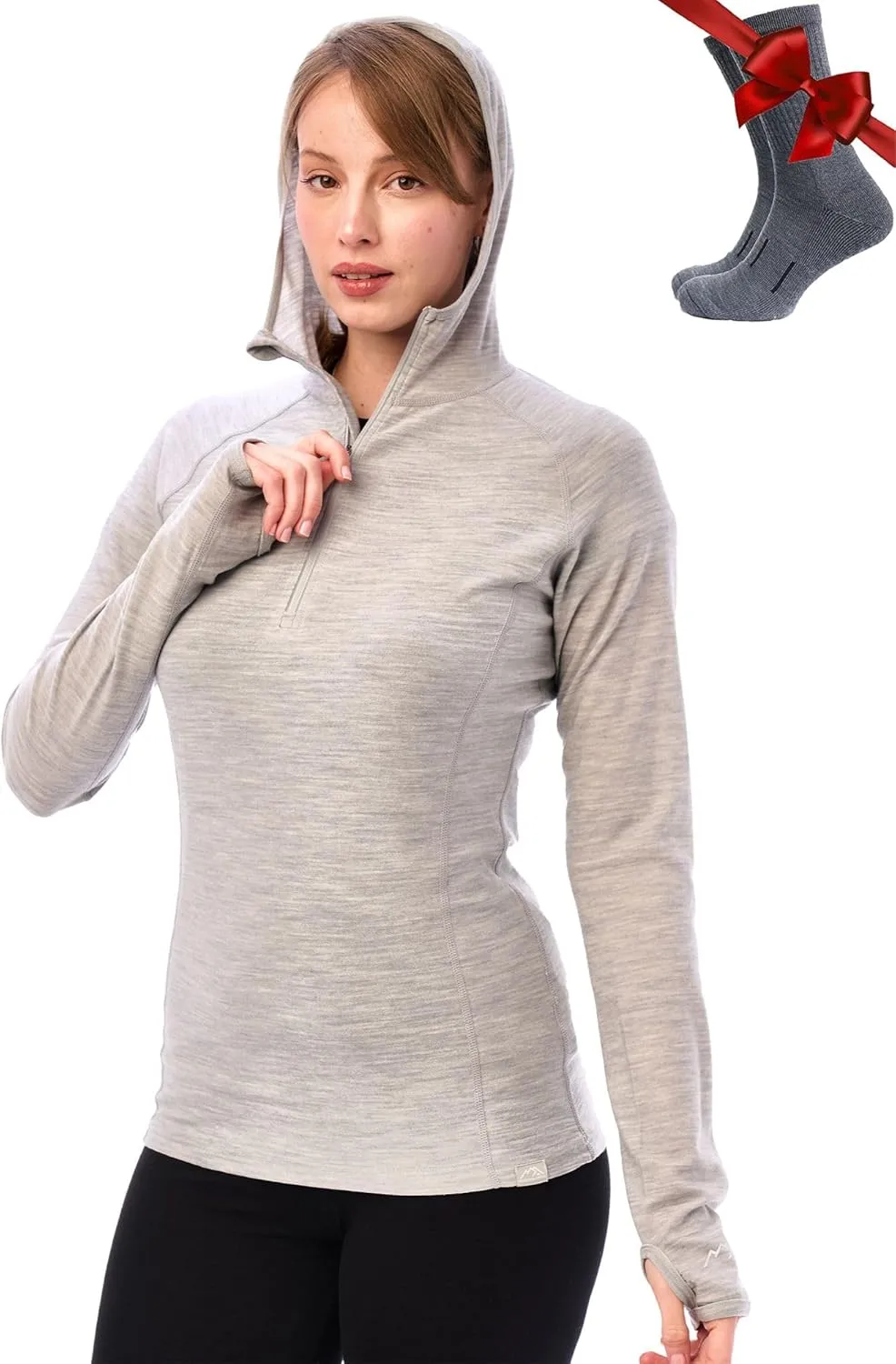 Merino.tech Merino Wool Hoodie Women - Slim Fit 100% Merino Wool Base Layer Women Half Zip Thermal Long Sleeve Shirt & Socks