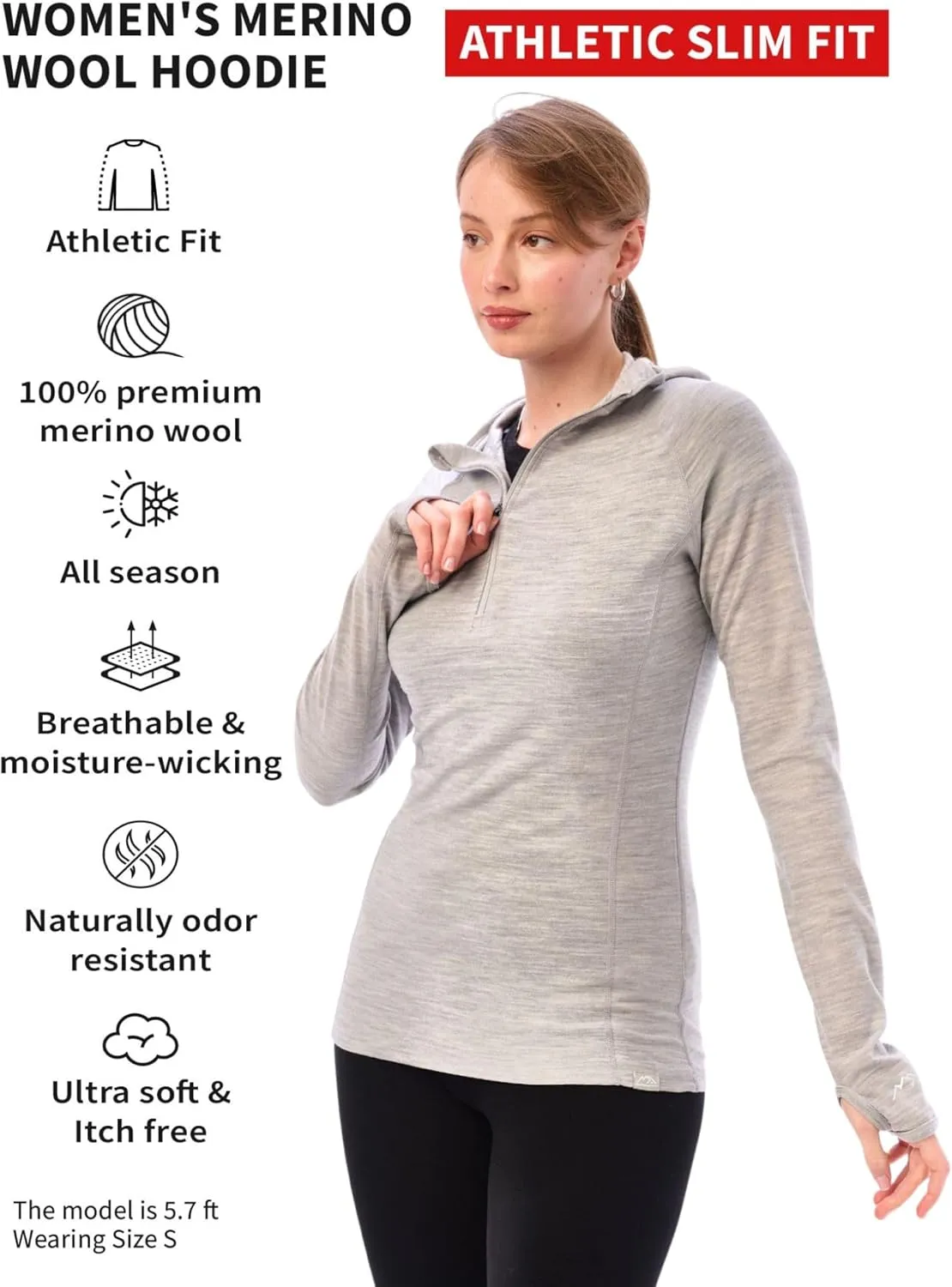 Merino.tech Merino Wool Hoodie Women - Slim Fit 100% Merino Wool Base Layer Women Half Zip Thermal Long Sleeve Shirt & Socks