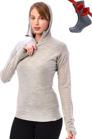 Merino.tech Merino Wool Hoodie Women - Slim Fit 100% Merino Wool Base Layer Women Half Zip Thermal Long Sleeve Shirt & Socks