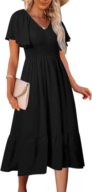 MEROKEETY Women's Summer Casual V Neck Ruffle Sleeve Smocked High Waist Midi Dress with Pockets
