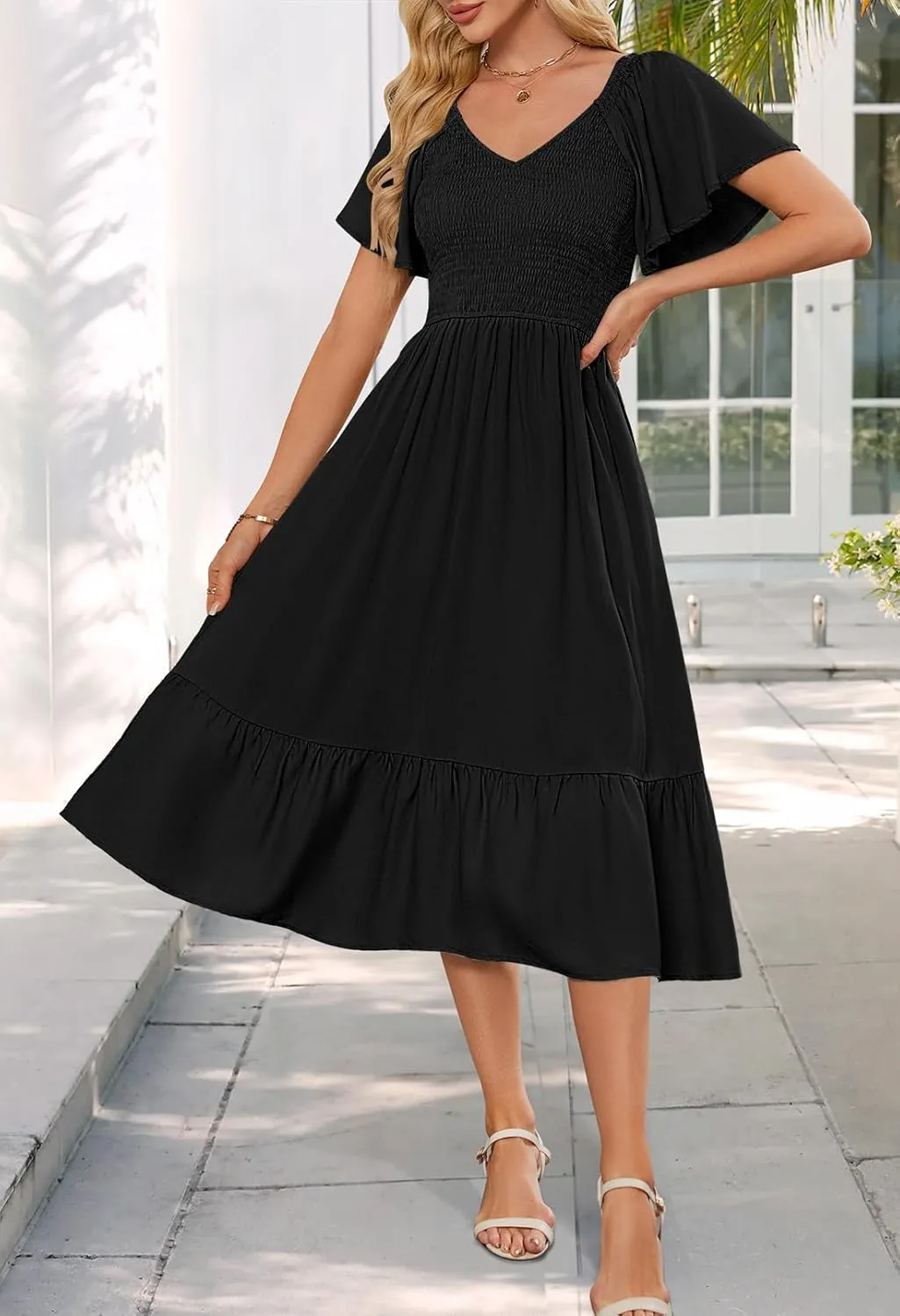 MEROKEETY Women's Summer Casual V Neck Ruffle Sleeve Smocked High Waist Midi Dress with Pockets