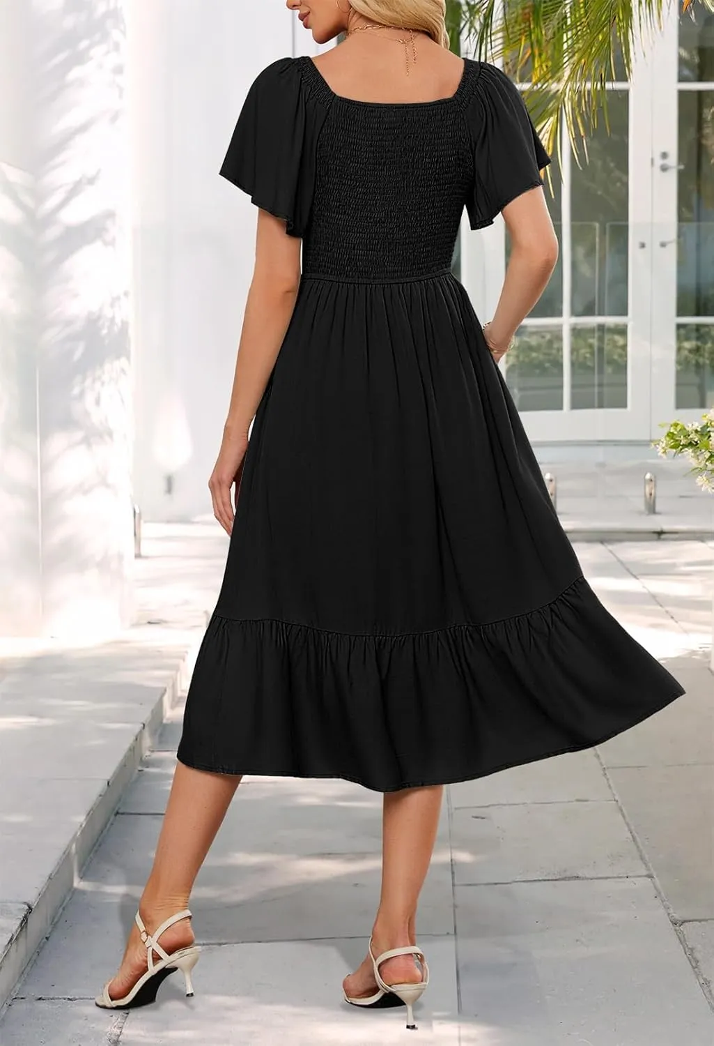 MEROKEETY Women's Summer Casual V Neck Ruffle Sleeve Smocked High Waist Midi Dress with Pockets