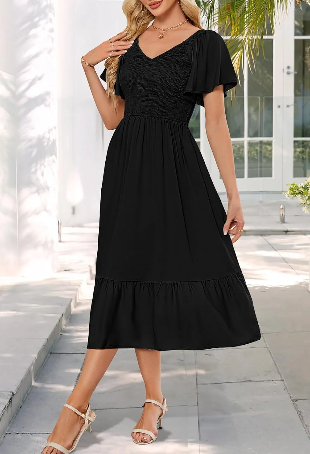 MEROKEETY Women's Summer Casual V Neck Ruffle Sleeve Smocked High Waist Midi Dress with Pockets