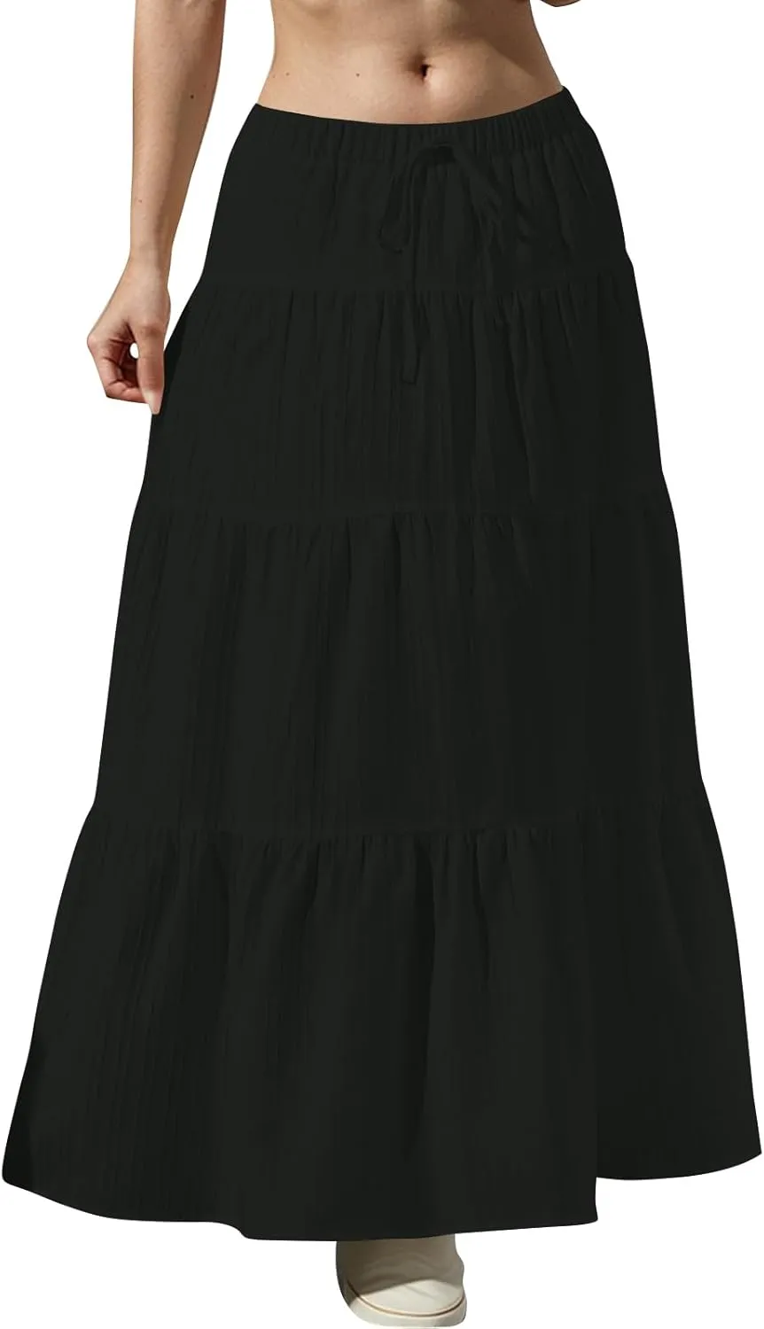 midelxp Tiered Long Skirts for Women Summer Vacation A-Line Pleated Skirt Drawstring High Waisted Flowy Swing Maxi Skirts