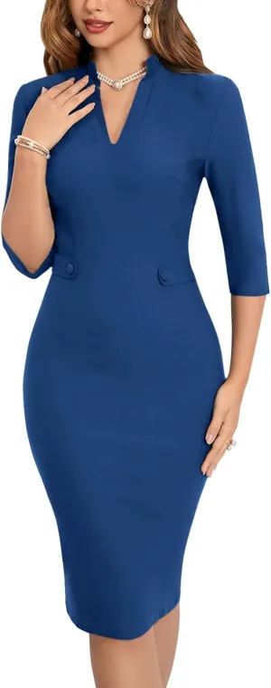 MUXXN Women's 1950s Retro 3/4 Sleeve V Neck Midi Sheath Vintage Cocktail Work Pencil Dresses