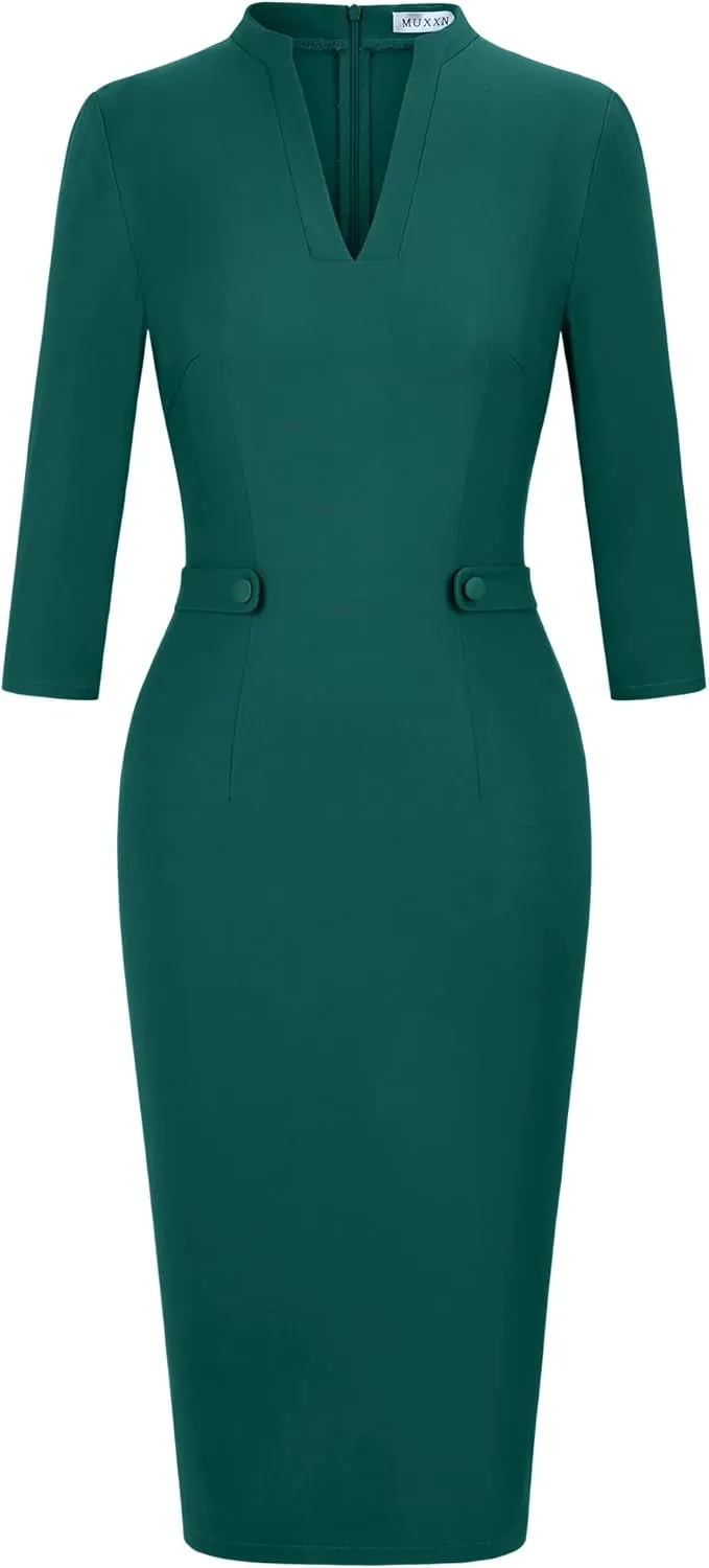 MUXXN Women's 1950s Retro 3/4 Sleeve V Neck Midi Sheath Vintage Cocktail Work Pencil Dresses