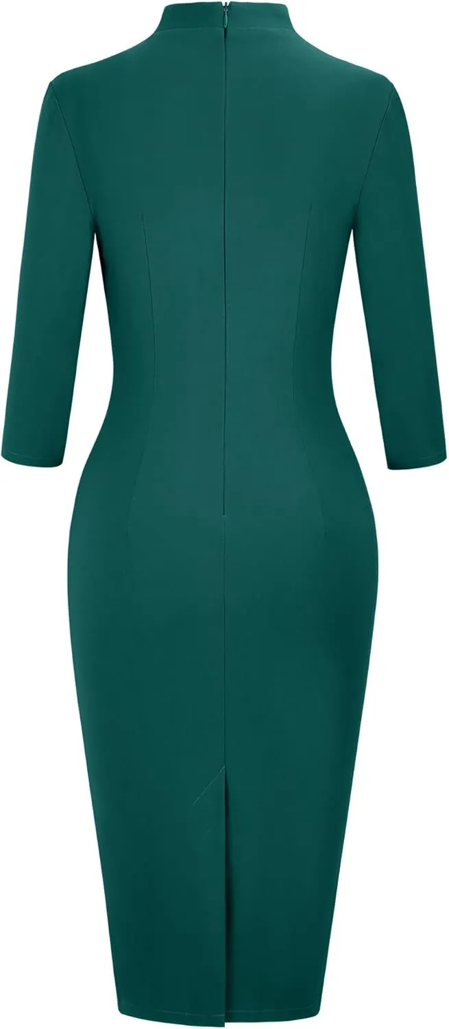 MUXXN Women's 1950s Retro 3/4 Sleeve V Neck Midi Sheath Vintage Cocktail Work Pencil Dresses