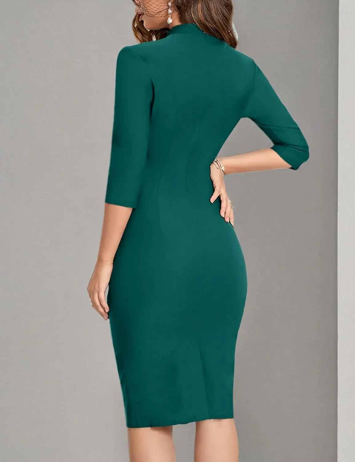 MUXXN Women's 1950s Retro 3/4 Sleeve V Neck Midi Sheath Vintage Cocktail Work Pencil Dresses