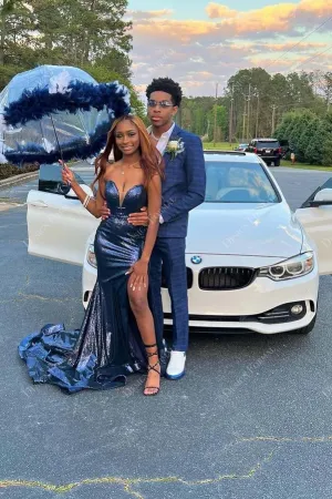 Navy Glitter Strapless Plunging Slit Prom Dress