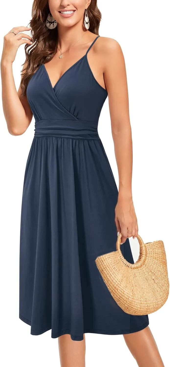 OUGES Women's Summer Spaghetti Strap V-Neck Floral Short Party Dress with Pockets